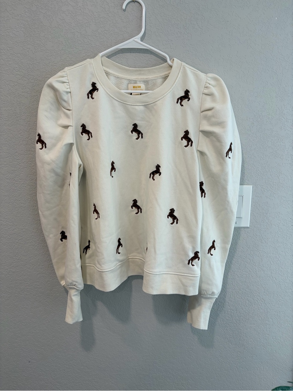 Anthropologie Cream Puff Sleeve Sweatshirt with Horse Embroidery